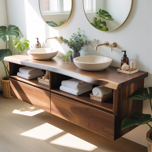 Handcrafted Solid Wood Floating Bathroom Vanity with Open Shelves & Soft-Close Drawers