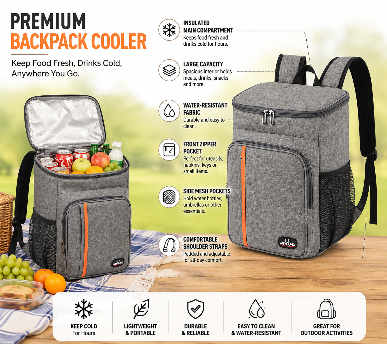 Personalized Insulated Backpack Cooler – Waterproof Portable Picnic Cooler Bag with Custom Logo, Large Capacity for Camping, Hiking & Outdoor Travel
