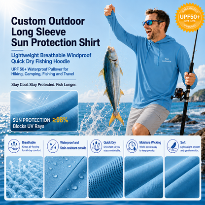 Custom Long Sleeve UPF 50+ Fishing Hoodie – Lightweight, Breathable, Quick Dry & Windproof Outdoor Shirt